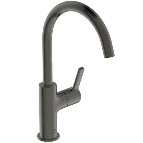 Waschtischarmatur in Magnetic Grey von Ideal Standard mit hoher Auslauf und seitlichem Bedienhebel. Elegantes Design für moderne Badezimmer.